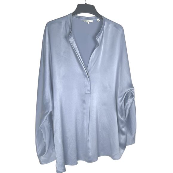 Vince Women's Size XXL 100% Silk Band Collar Blouse Iris Blue Long Sleeve - Picture 3 of 10